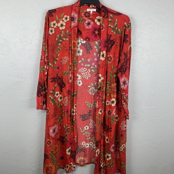 Johnny Was Robe Cardigan Womens XL Red Floral Rabbit Print Lightweight Boho - Picture 1 of 6